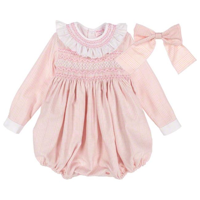 Picture of Miss P Hand Smocked L/S Bubble Romper & Bow Set - Pink Check