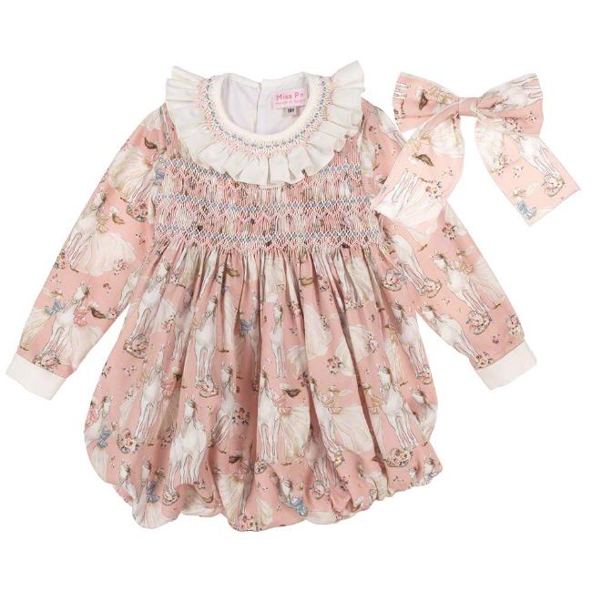 Picture of Miss P Hand Smocked L/S Bubble Romper & Bow Set - Pink Horses