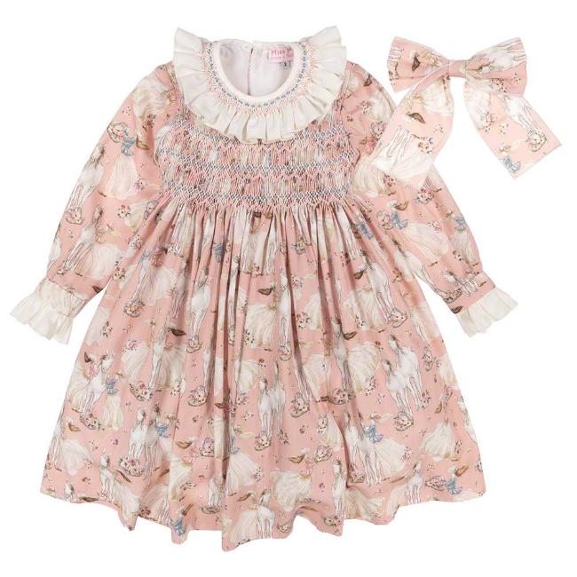 Picture of Miss P Hand Smocked L/S Dress & Bow Set - Pink Horses