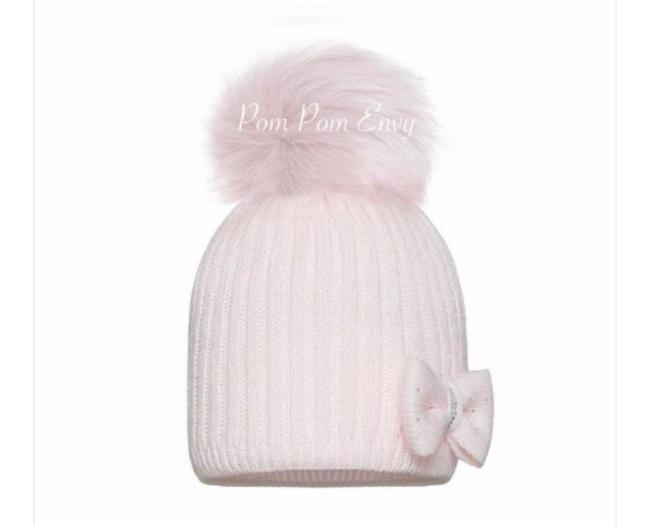 Picture of Pom Pom Envy Ribbed Knit Twinkle Bow Pom Hat - Pink