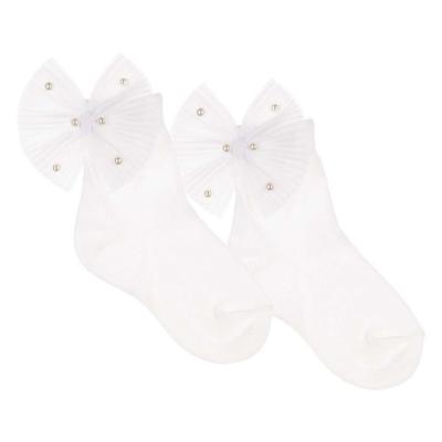 Picture of Meia Pata Occasion Ankle Sock Pleated Tulle & Pearl Bow - White