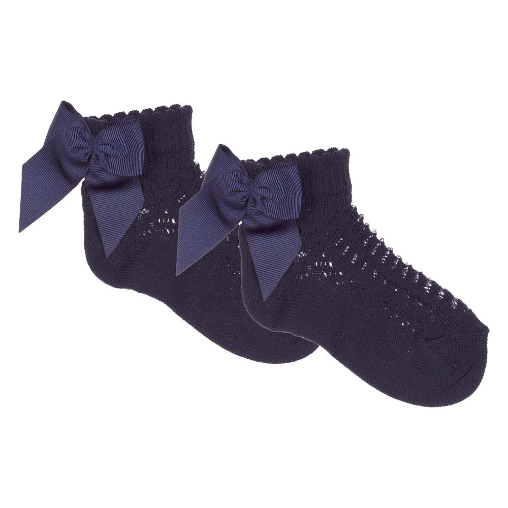 Meia Pata Openwork Ankle Sock Grosgrain Back Bow Navy