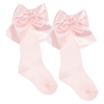 Picture of Meia Pata Openwork Knee Sock Large Satin Side Bow - Baby Pink