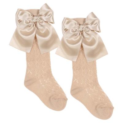 Picture of Meia Pata Openwork Knee Sock Large Satin Side Bow - Beige