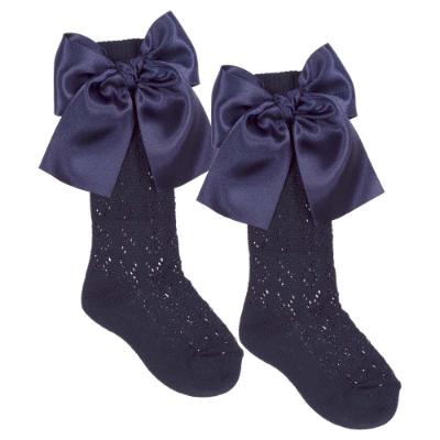 Picture of Meia Pata Openwork Knee Sock Large Satin Side Bow - Navy