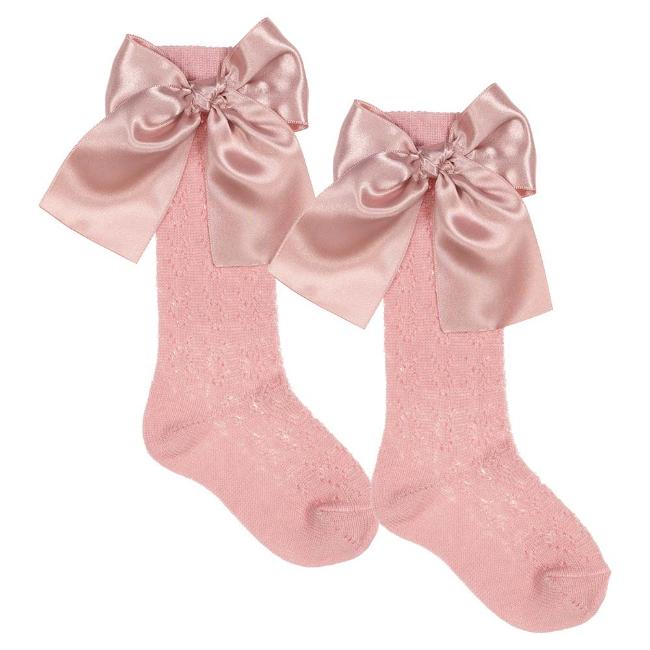Picture of Meia Pata Openwork Knee Sock Large Satin Side Bow - Dark Pink