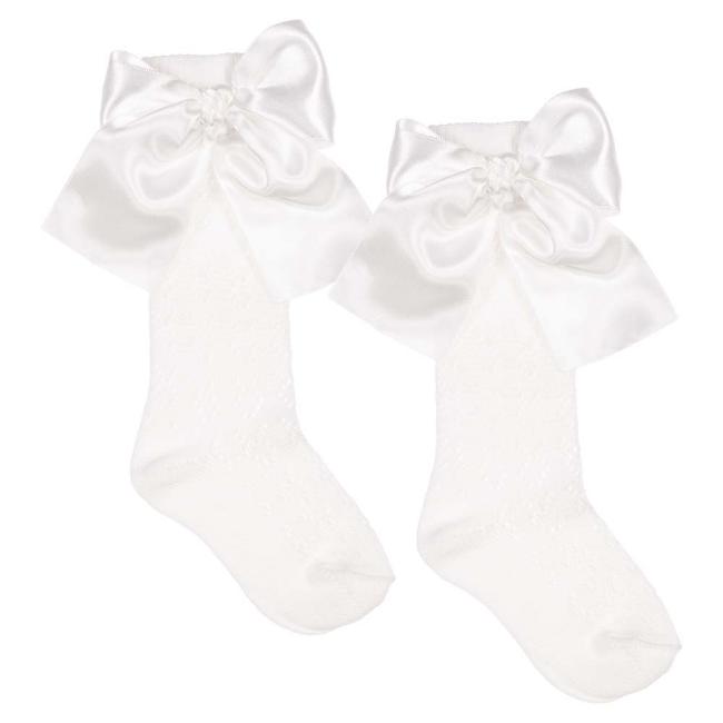 Picture of Meia Pata Openwork Knee Sock Large Satin Side Bow - White