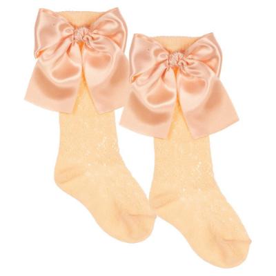Picture of Meia Pata Openwork Knee Sock Large Satin Side Bow - Peach
