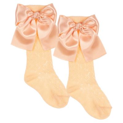 Picture of Meia Pata Openwork Knee Sock Large Satin Side Bow - Peach