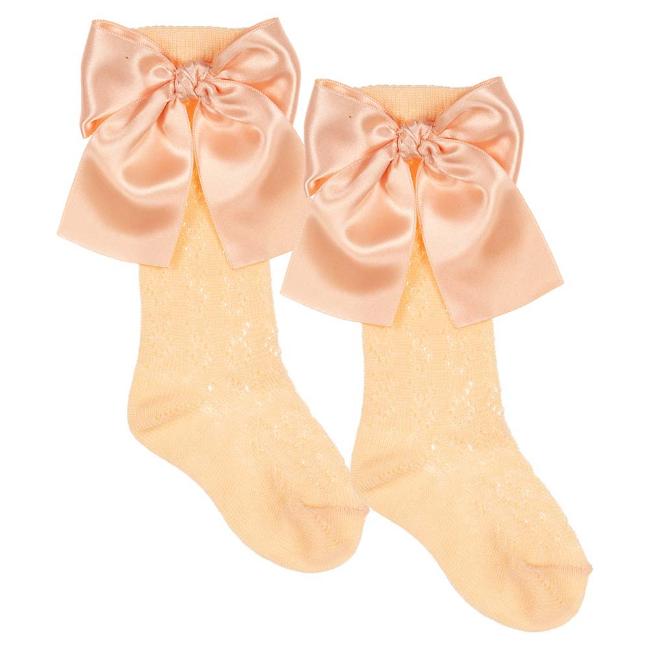Picture of Meia Pata Openwork Knee Sock Large Satin Side Bow - Peach