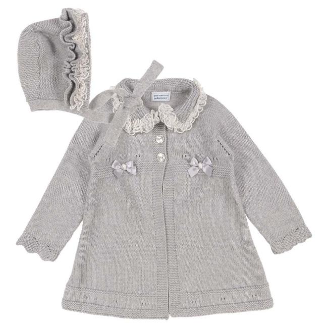 Picture of Carmen Taberner Knitted Ruffle Coat Bonnet Set - Grey Ivory