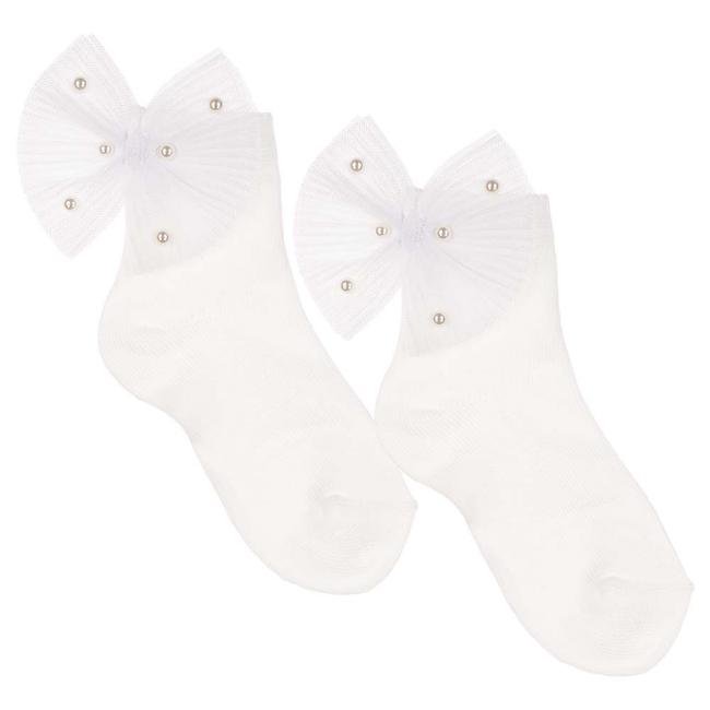 Picture of Meia Pata Occasion Ankle Sock Pleated Tulle & Pearl Bow - Ivory