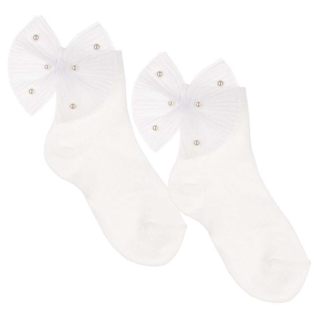 Picture of Meia Pata Occasion Ankle Sock Pleated Tulle & Pearl Bow - Ivory