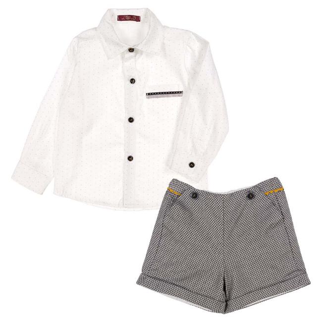 Picture of Loan Bor Boys Shirt Check Shorts Set - Grey Mustard