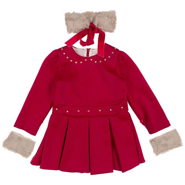 Picture of Loan Bor Girls Dress Detachable Faux Fur Trims - Red