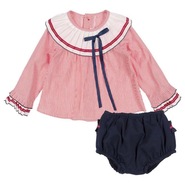 Picture of Loan Bor Toddler Girls Stripe Blouse Ruffle Pants Set - Red Navy