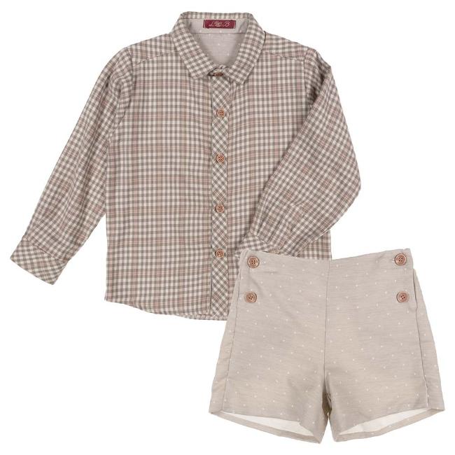 Picture of Loan Bor Boys Check Shirt Shorts Set - Beige