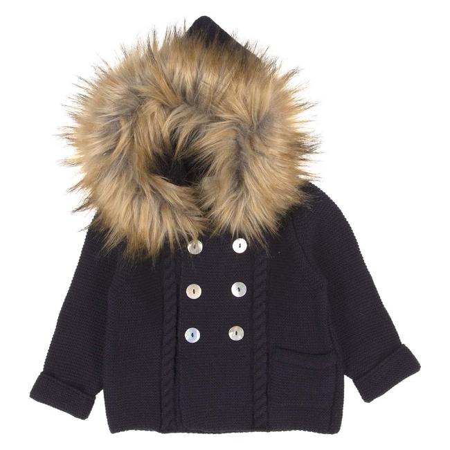 Picture of Rahigo Knitted Hooded Coat with Detachable Faux Fur - Navy Blue