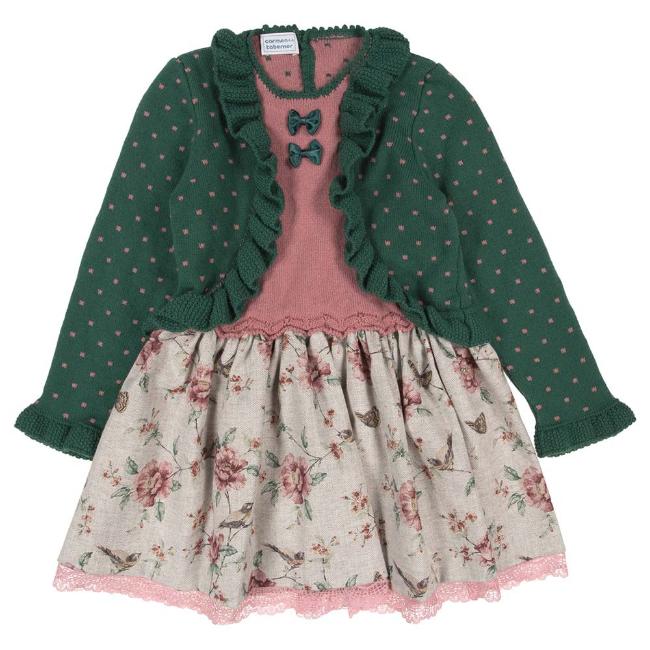 Picture of Carmen Taberner Girls Knit & Floral Dress - Green Pink