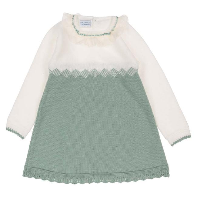 Picture of Carmen Taberner Girls Knitted Lace Ruffle Dress - Green Ivory