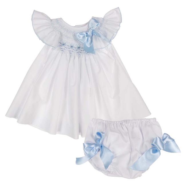 Picture of Miss P Girls Smocked Bishop Bodice Dress & Panties Set - White Blue