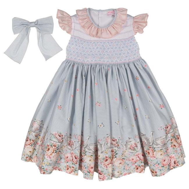Picture of Miss P Smocked Bodice Ruffle Collar Tea Party Dress & Hairclip Set - Blue