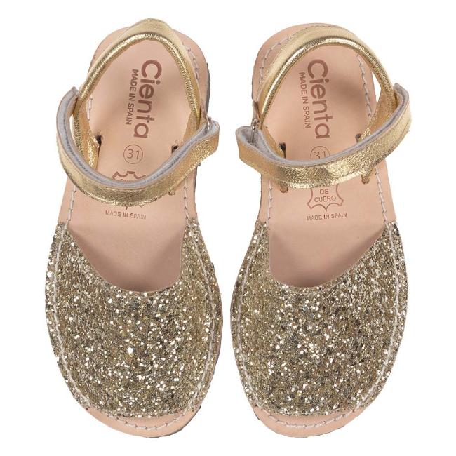 Picture of Calzados Cienta Peep Toe Glitter Leather Sandal - Gold