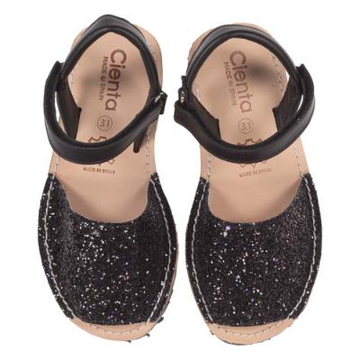 Picture of Calzados Cienta Peep Toe Glitter Leather Sandal - Black