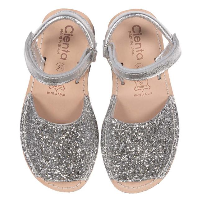 Picture of Calzados Cienta Peep Toe Glitter Leather Sandal - Silver