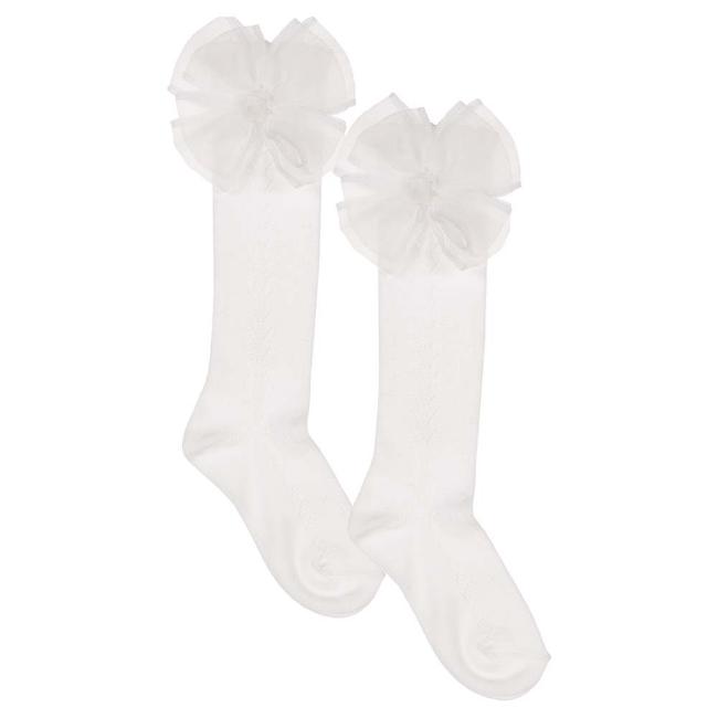 Picture of Meia Pata Openwork Knee Sock Large Organza Side Bow - White