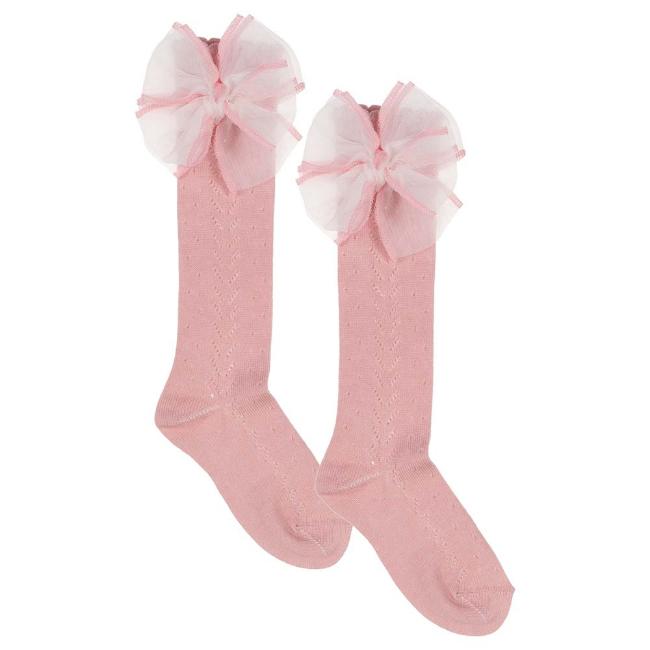 Picture of Meia Pata Openwork Knee Sock Large Organza Side Bow - Dark Pink