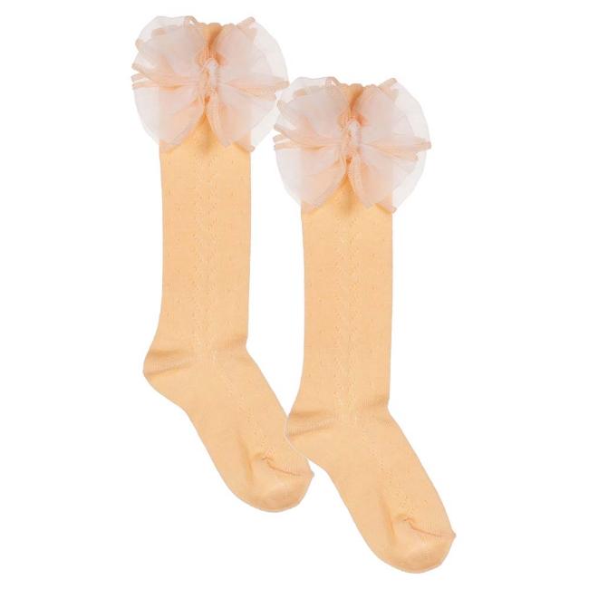 Picture of Meia Pata Openwork Knee Sock Large Organza Side Bow - Peach