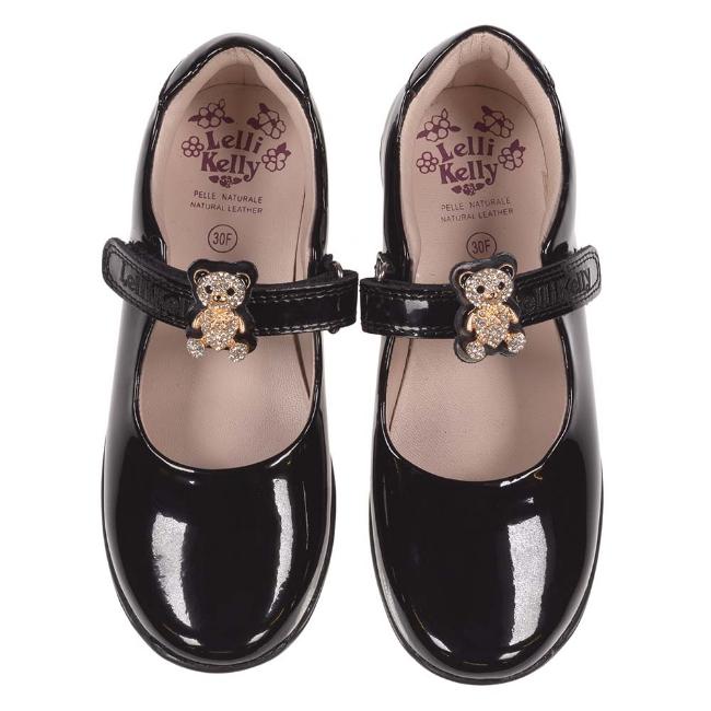 Picture of Lelli Kelly Fuzzy Bear Dolly School Shoe F Fitting - Black Patent 