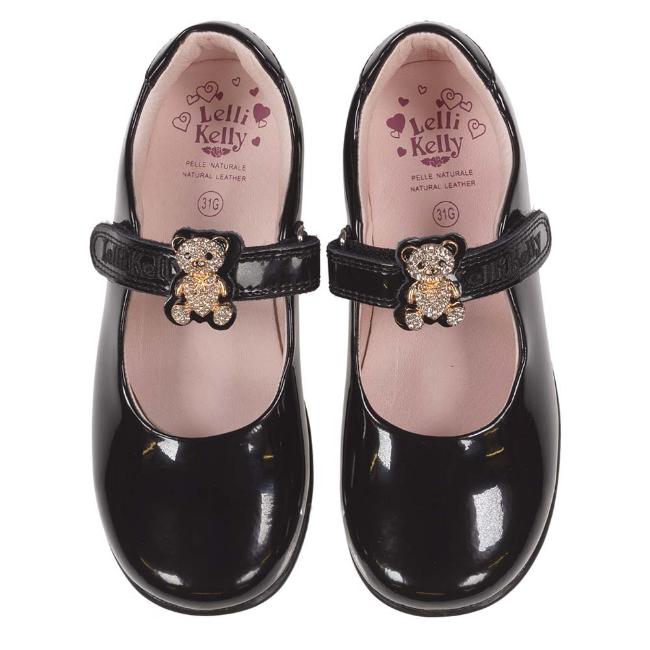 Picture of Lelli Kelly Fuzzy 2 Bear Dolly School Shoe G Fitting - Black Patent 
