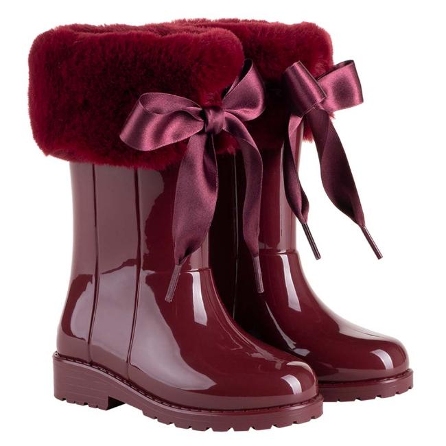 Picture of Igor Campera Girls Soft Fur Cuff Ribbon Tie Rainboot - Burgundy 