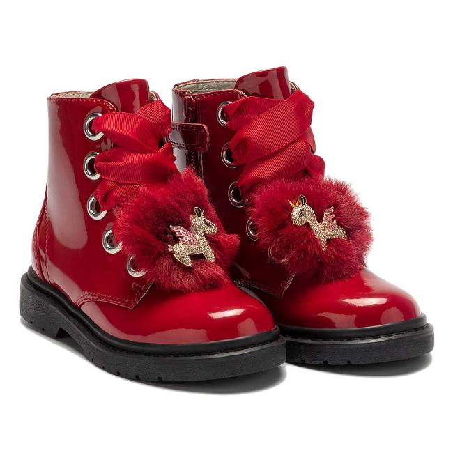 Picture of Lelli Kelly Unicorn Pom Pom Ankle Boot - Red Patent