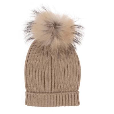 Picture of Juliana Baby Clothes Ribbed Hat With Fur Pom Pom - Toast