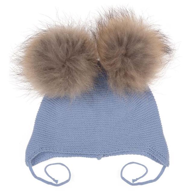 Picture of Juliana Baby Clothes Double Fur Pom Pom Hat - Dark Blue