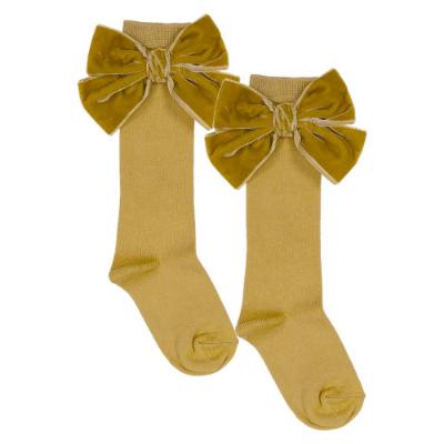 Picture of Meia Pata Extra Large Velvet Bow Knee Socks - Mustard