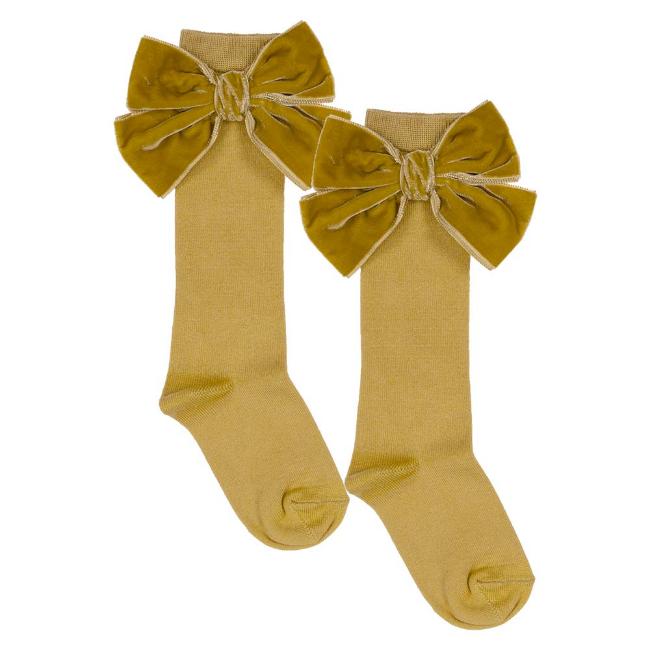 Picture of Meia Pata Extra Large Velvet Bow Knee Socks - Mustard