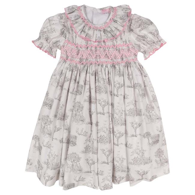 Picture of Miss P Smocked Ruffle Collar Toile De Joy Dress - Grey Pink