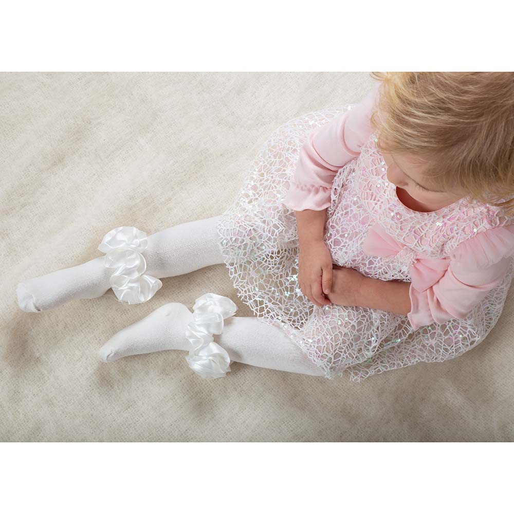 Caramelo Kids Satin Ribbon Ruffle Ankle Tights - White.