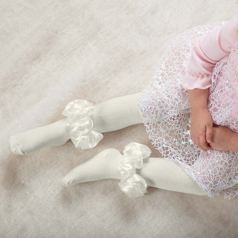 Caramelo Kids Satin Ribbon Ruffle Ankle Tights - Ivory .