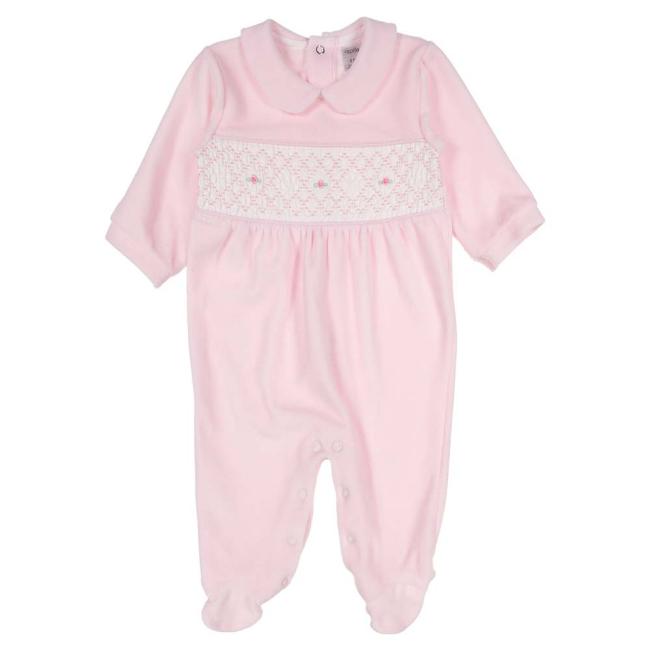 Picture of Rapife Baby Girls Smocked Bodice Velour Babygrow - Pink 
