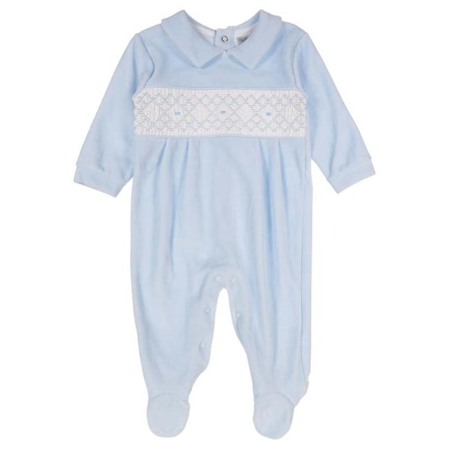 Picture of Rapife Baby Boys Smocked Bodice Velour Babygrow - Blue