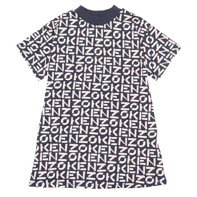 Picture of Kenzo Kids Girls AOP Logo Print T-shirt Dress - Navy