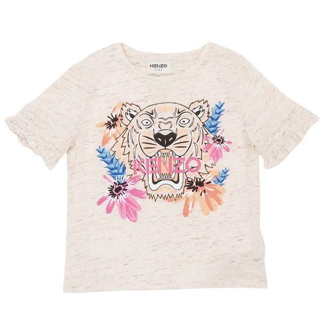 Picture of Kenzo Kids Girls Tiger Flower Ruffle T-shirt - Cream