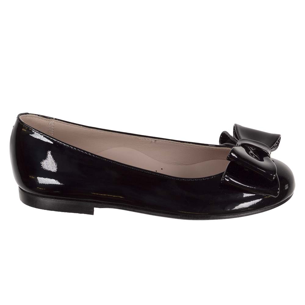 Panache Girls Double Bow Flat Pump Shoe Black Patent
