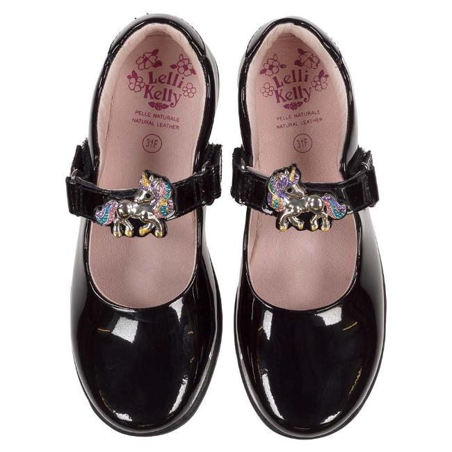 Picture of Lelli Kelly Bella Unicorn School Shoe G Fitting - Black Patent