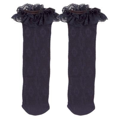 Picture of Meia Pata Girls Knee High Lace Sock With Lace Ruffle - Navy Blue